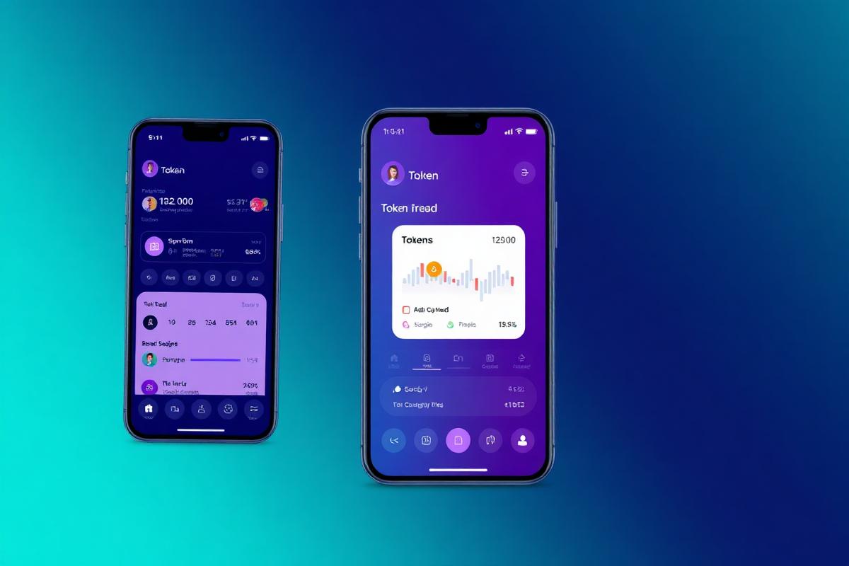 Illustration of a crypto mobile app showing a social trading feed and a token detail screen