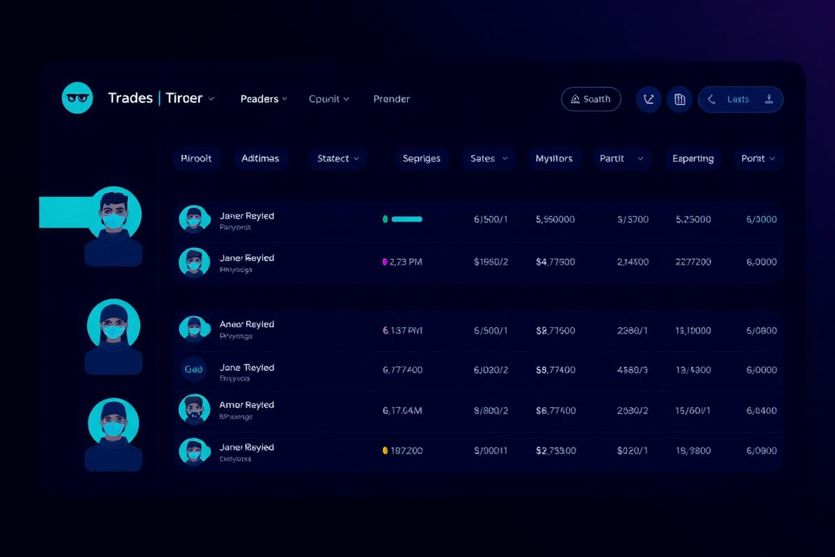 Illustration of a crypto trader leaderboard with ranked profiles and performance indicators