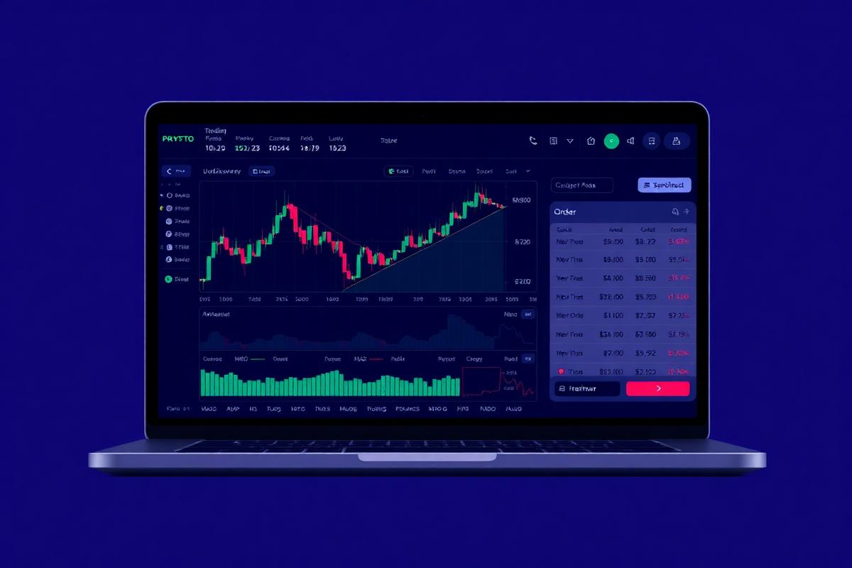 Illustration of a crypto web trading platform with chart, token list and order panel on a laptop