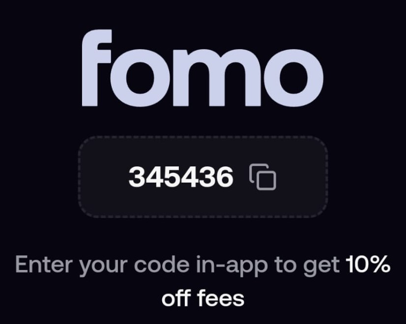 Screenshot of the official Fomo referral landing page showing referral code 345436 and the text "Enter your code in-app to get 10% off fees"